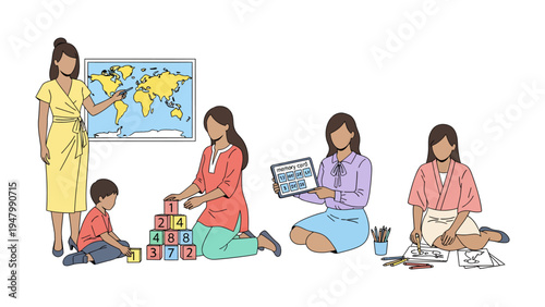 Early Learning Journey: Illustration of teachers interacting with children in a classroom setting, showcasing diverse activities designed to nurture young minds.