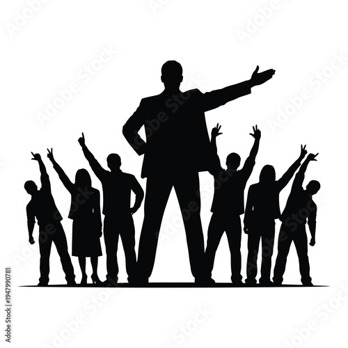 Silhouette of a triumphant man holding a trophy isolated on white background
