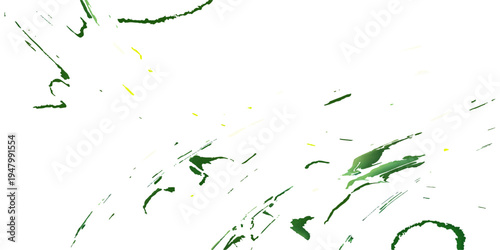 Abstract green watercolor paint and ink splashes create a grunge liquid texture illustration with nature inspired spray splatters on white paper