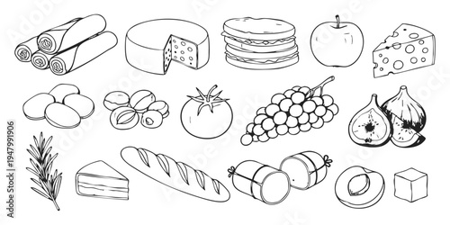Set of hand drawn food icons featuring cheese, fruits, vegetables, bread and snacks vector illustration