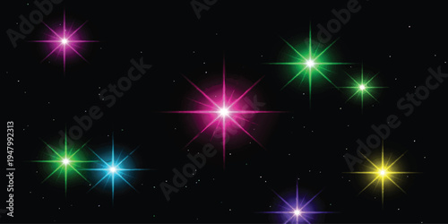 Abstract starry night background with colorful glowing light flares and sparkling stars vector illustration design element