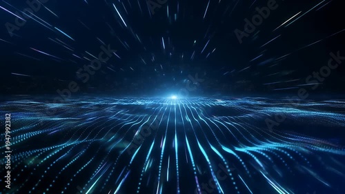 Abstract digital landscape with flowing light particles and star trails.