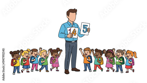 Education Illustration: A teacher enthusiastically teaches numbers to a group of happy children, illustrating the joy of learning and the bond between educators and students.