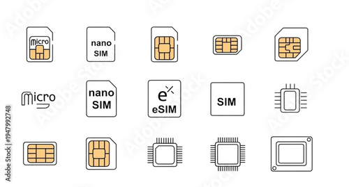A collection of various SIM card and microchip illustrations in a flat design style