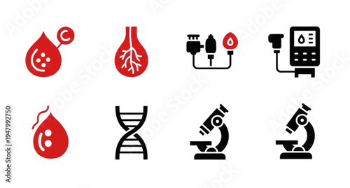 A set of medical and scientific icons including blood droplets, DNA, microscopes, and laboratory equipment in a flat, minimalist design style.