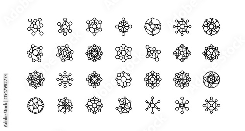 A collection of molecular structure vector graphics in a minimalist line art style