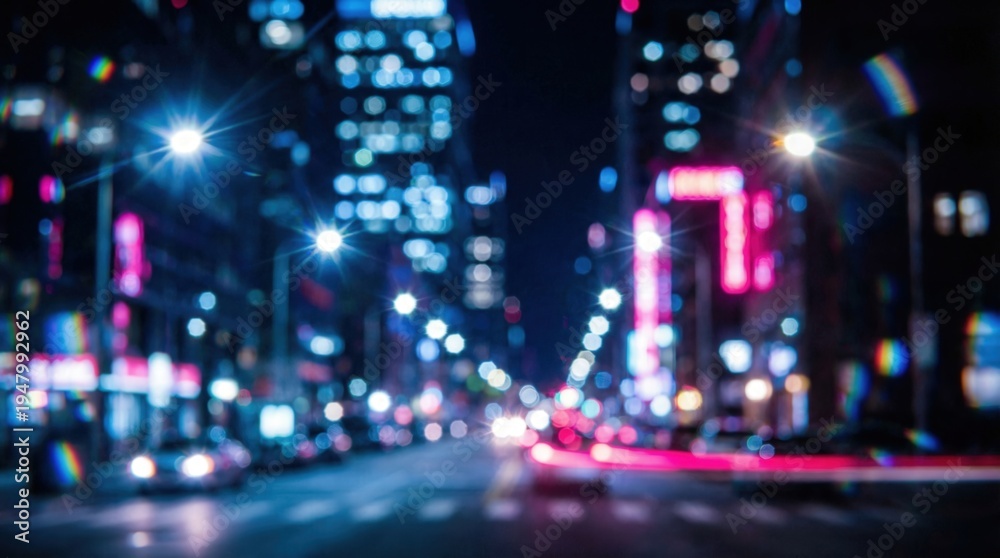 Obraz premium Blurred city lights and neon signs glowing in an abstract metropolitan night street with bokeh representing urban energy and digital technology concept