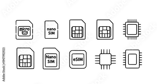 A set of various SIM card and microchip vector icons in a minimalist flat design style