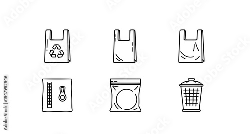 A set of six minimalist icons depicting various types of bags and a trash can