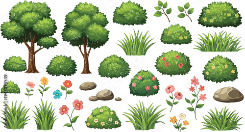 Fényképezés Nature Elements Set with Trees, Bushes, Flowers, Grass, and Stones for Outdoor L