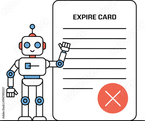 A robot pointing to an expire card