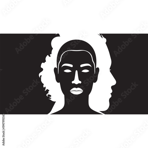 Optical illusion negative space two faces profile or one woman face silhouette