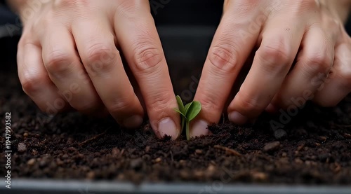 Delicate hands planting a tiny sprout in rich, dark soil