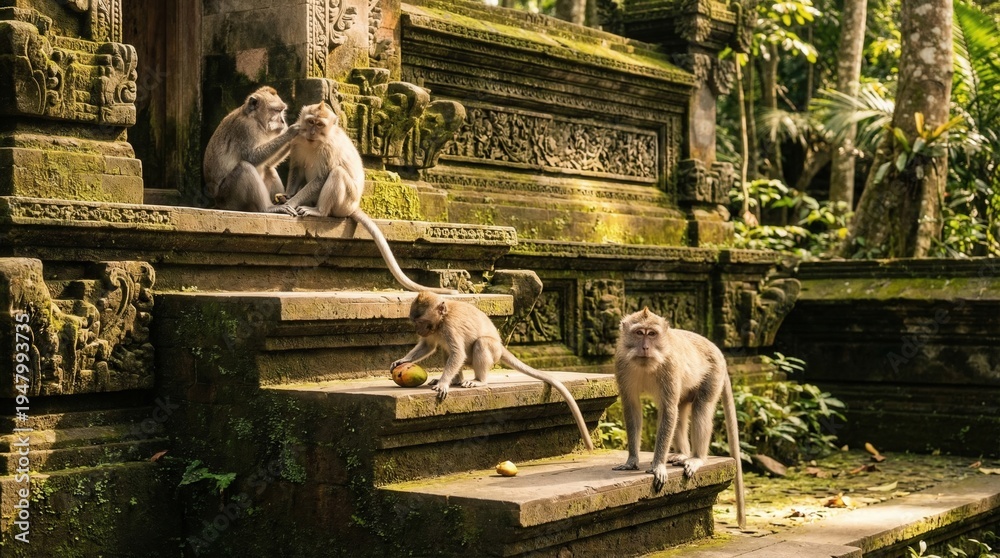 Naklejka premium Long-tailed macaques grooming and foraging on Balinese temple steps in Ubud representing Indonesia wildlife tourism and cultural heritage