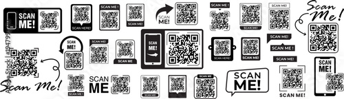 QR code scan icon set. Scan me barcode sign. Scan qr code with scan me inscription with phone. Qr code for payment, e-wallet, web, mobile app. UI UX design element. Inscription scan me.