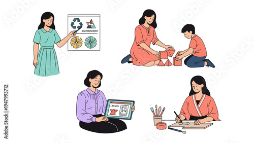 Educator and Children's Activities: Capturing the essence of education and interactive engagement, a collage of scenes showcases an educator guiding a lesson.