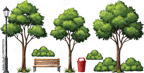 Park Scene with Trees, Bench, Lamp Post, and Trash Bin for Outdoor Environment Illustration