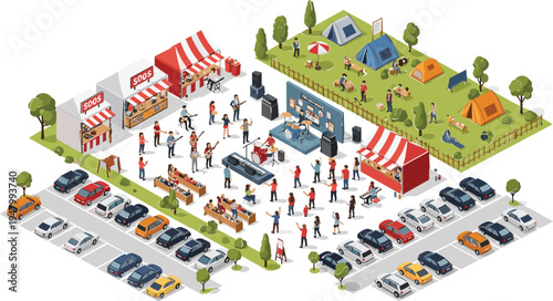 Outdoor Festival with Food Stalls, Concert Stage, Tents, and Cars for Community Event Illustration