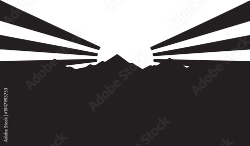 Black and white mountain landscape vector illustration with sun rays