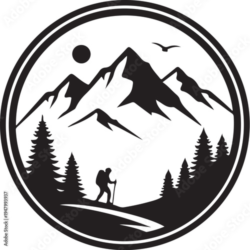 Vector mountain landscape icon with hiker and trees