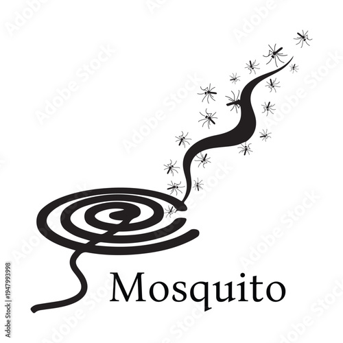 Mosquito repellent coil with smoke and flying mosquitoes vector silhouette