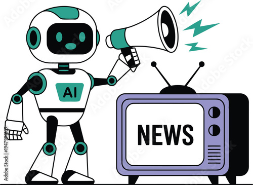 A robot with ai on its chest holding a megaphone next to a news tv