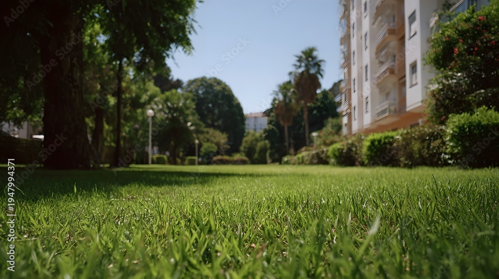 Fototapeta premium Low angle view of a lush green lawn in a sunny park beside a modern building with trees and blue sky