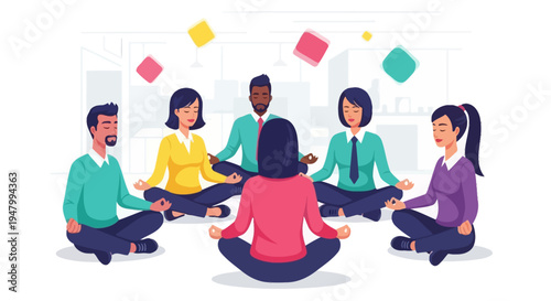Diverse Corporate Team Practicing Mindfulness to Foster Workplace Wellness and Mental Health Resilience in a Modern Agency Culture