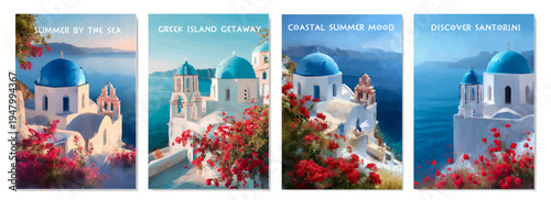 Collection of Santorini postcards depicting traditional Greek architecture, whitewashed buildings and bright summer flowers against a blue sky and coastal panoramas.