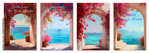 Vintage travel poster showcasing iconic landscapes with buildings, flower terraces and stunning views of the Aegean Sea in watercolor style. Picturesque seascapes.