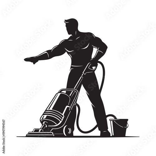 Professional male cleaner with vacuum machine silhouette vector