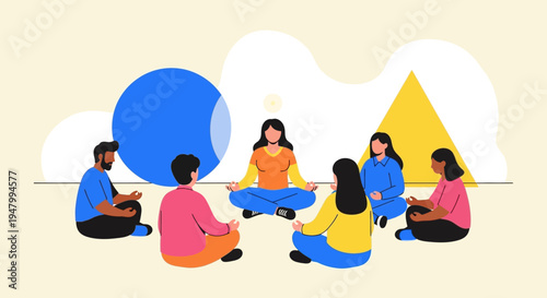Diverse professional team practicing mindfulness and collective focus during a corporate wellness session in a modern workplace setting
