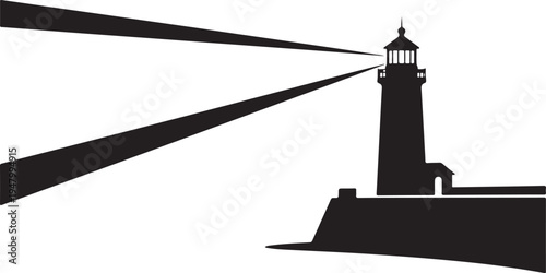 Black lighthouse vector silhouette with light beam