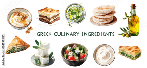 Greek food watercolor set featuring Mediterranean dishes: hummus, baklava, olive oil, feta cheese, tzatziki sauce, moussaka, and traditional Greek salad with summer figs.