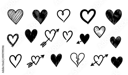 Hand drawn heart collection vector doodle love and romance tattoo style hearts set