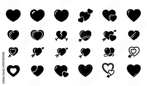 Black heart icons set vector collection of love and romance symbols in different shapes
