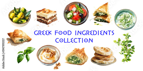 Watercolor Mediterranean food collection with Greek specialties: tzatziki, baklava, hummus, feta, olives, pita bread. Perfect for restaurant menus and culinary posters.