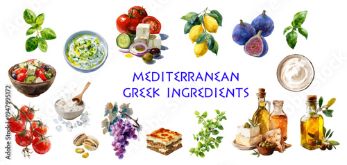 Watercolor Mediterranean food set with Greek baklava, feta cheese, olives, figs, and fresh summer produce in authentic culinary food illustration stylee