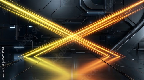 Futuristic Neon Light X Shape in High-Tech Sci-Fi Interior – Glowing Energy Lines and Modern Technology Background