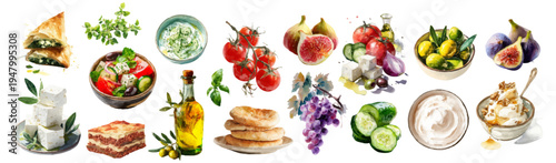 Greek food set featuring fresh salad with feta, cucumber, onion, olive oil, pita bread, moussaka, grapes. Summer Mediterranean cuisine poster design in watercolor style.