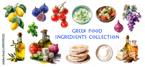 Traditional Greece cuisine collection: tzatziki sauce, hummus, baklava dessert, olives, tomatoes, cucumber, onion, basil. Vintage watercolor illustration for restaurant menu.