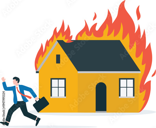 Man running away from a burning house