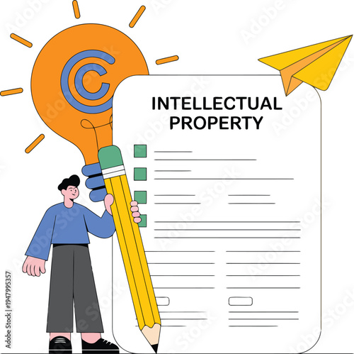 A man holding a large pencil next to an intellectual property form