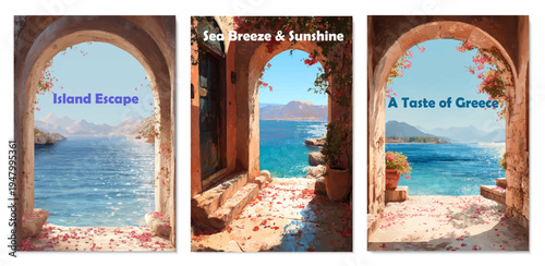 Greek island set with Santorini landscapes, traditional architecture, and sea views. Vector illustrations capture Mediterranean summer charm for postcards and holiday graphics.