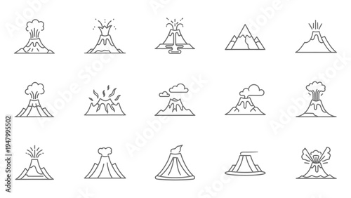 Volcano eruption icons set with smoke lava and mountain peaks in thin line style