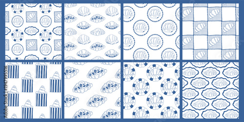 Minimalist vector set of seamless patterns with french croissants on decorative plates, napkins, craft paper bags. Blue line hand drawn backgrounds for bakery menu, kitchen textile, pastry decor