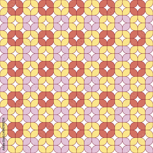 Stained-glass-style seamless pattern, nostalgic color palette, geometric background with swatch