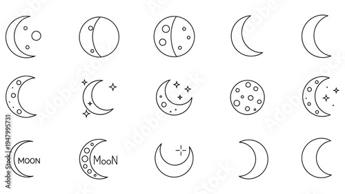 Set of moon phase icons, featuring various crescent and full moon designs with stars