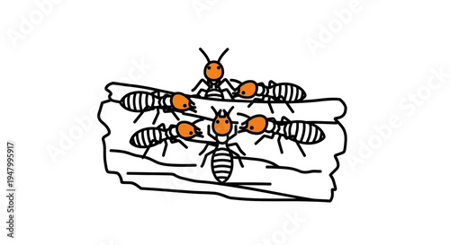 Termites on wood vector illustration, a swarm of insects consuming timber in a graphic design