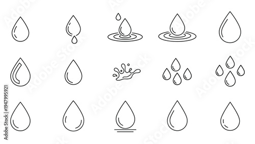 Set of water drop and liquid line icons. aqua, fluid, clean, clear, fresh, moisture, wet, purity, environment concept